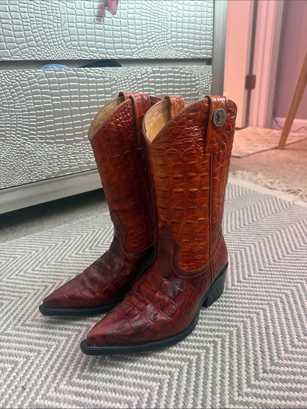 women’s Brown Leather Exotic-Texture Western Boots - Picture 1 of 3